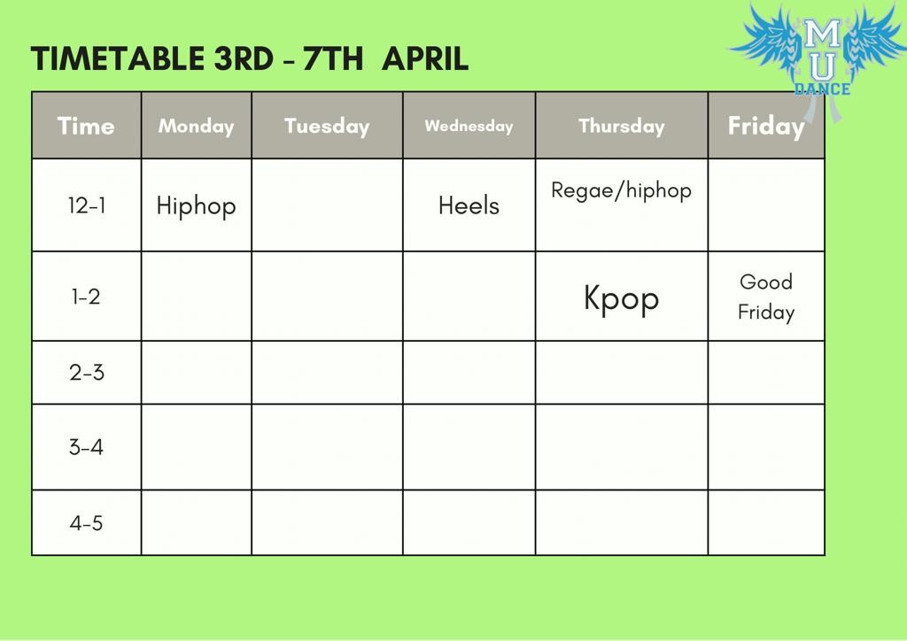 Timetable week 3-7th of Aprill