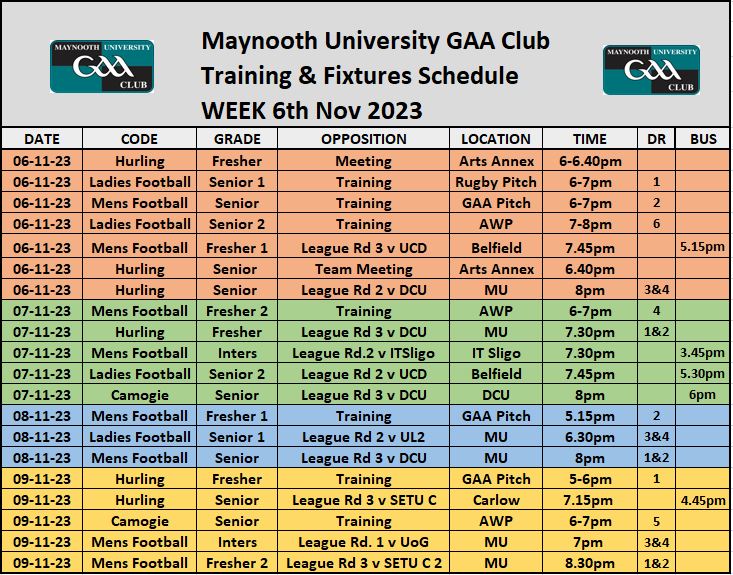 Maynooth University GAA Schedule 6th Nov