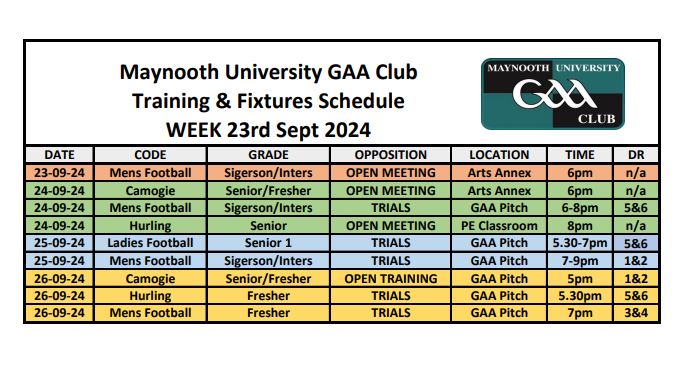 MU GAA Schedule Week 23rd Sept 2024