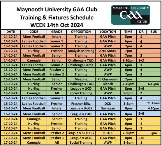 MU GAA Schedule Week 14th Oct 2024