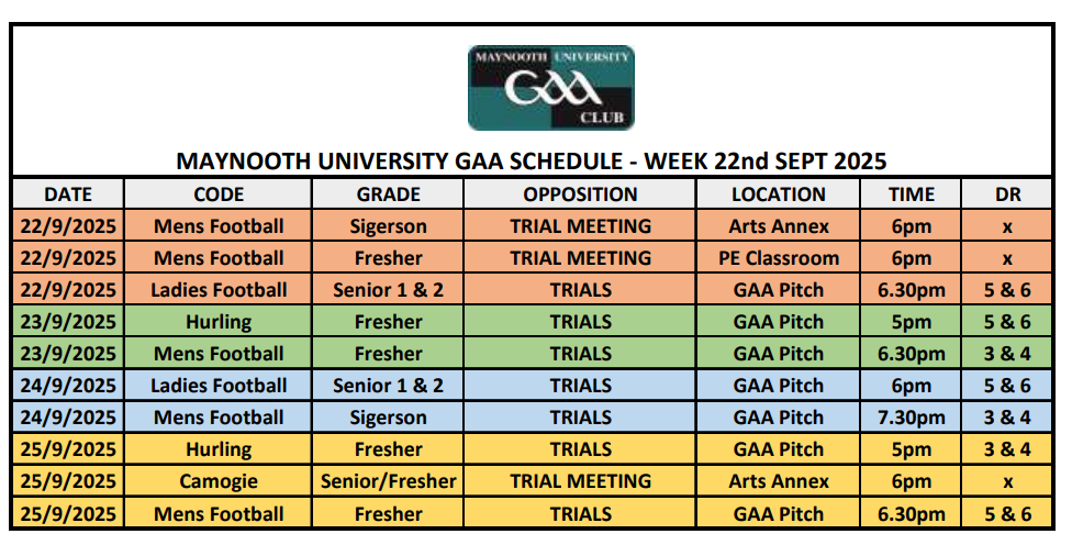 MU GAA Schedule Week One 22nd Sept 2025